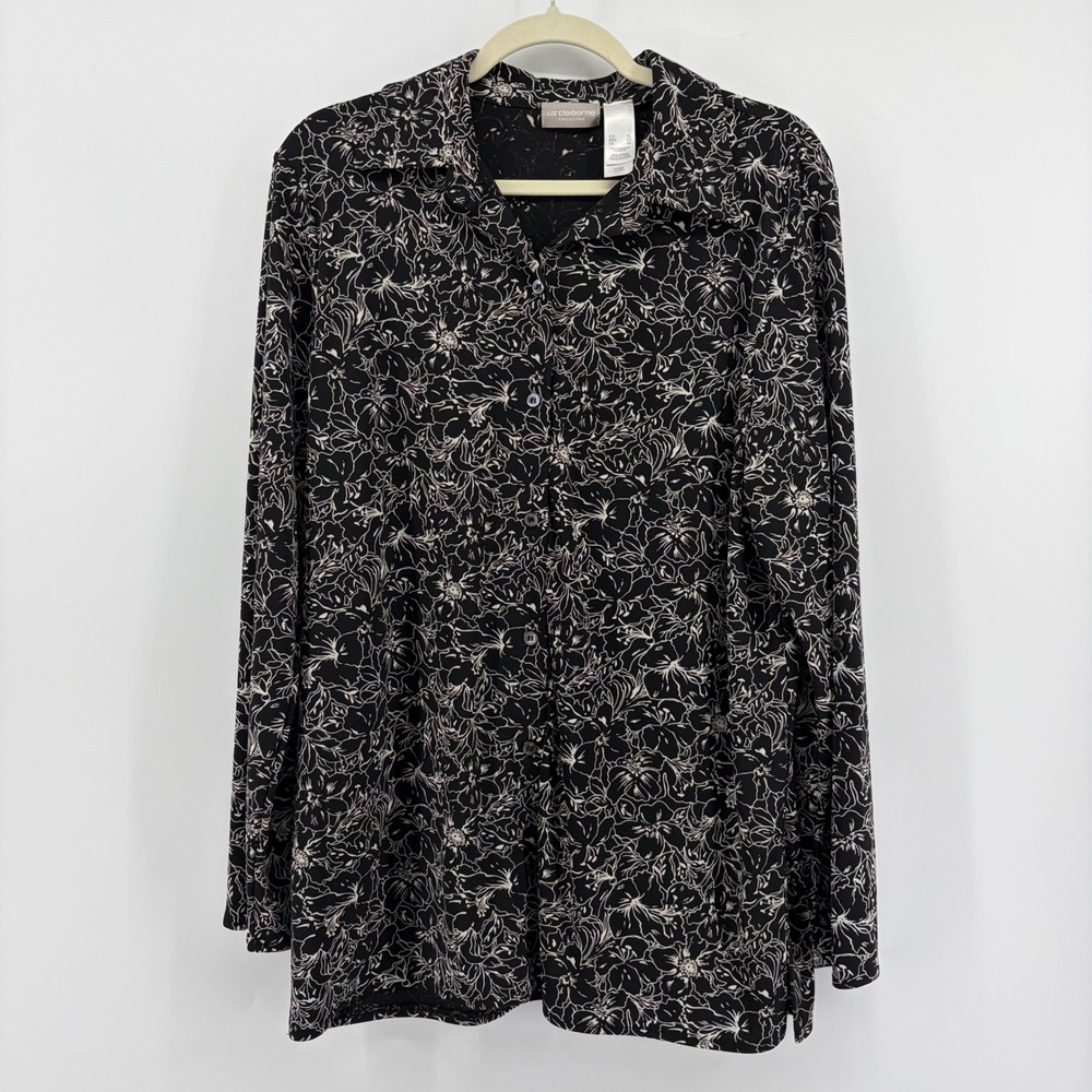 Liz Claiborne Black Floral Print Button Down Long Sleeve Shirt Womens XL
